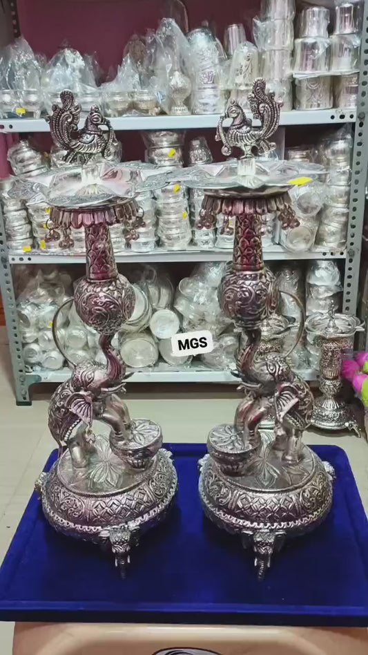 Elephant with  Drum and Peacock handled Diyas-17inch